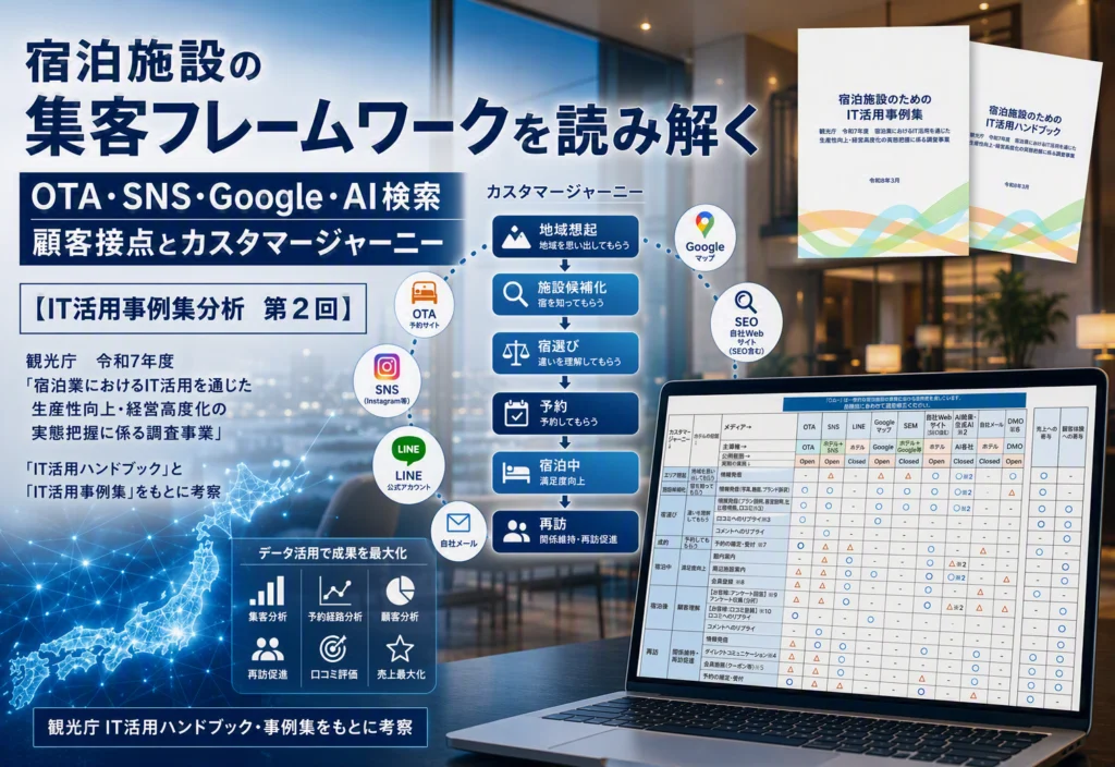 顧客はカスタマージャーニーで動くのに、ホテルはツール単位の運用になりがち｜施策と業務を可視化するホテルDX整理フレームワーク【IT活用事例集分析　第２回】