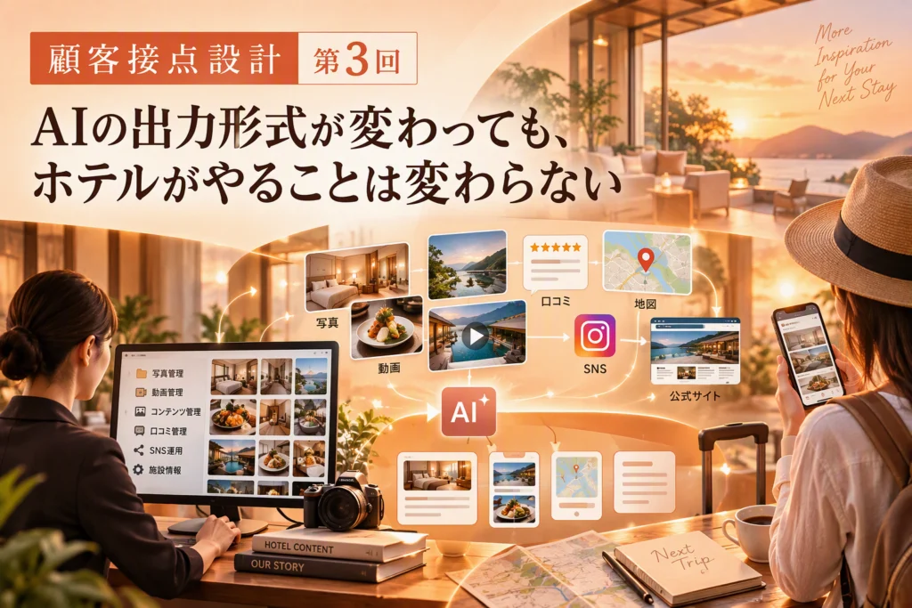 AIが画像や動画、地図を活用する時代になっても、ホテルが取り組むべきことは変わりません。SNS、口コミ、Googleビジネスプロフィール、公式サイトなど顧客接点の情報を整備し、将来のAI活用にも対応できる情報管理の考え方を解説します。